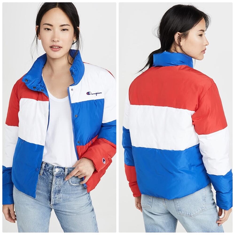 Champion Reverse Weave Color Block Cropped Puffer High Neckline Jacket NEW